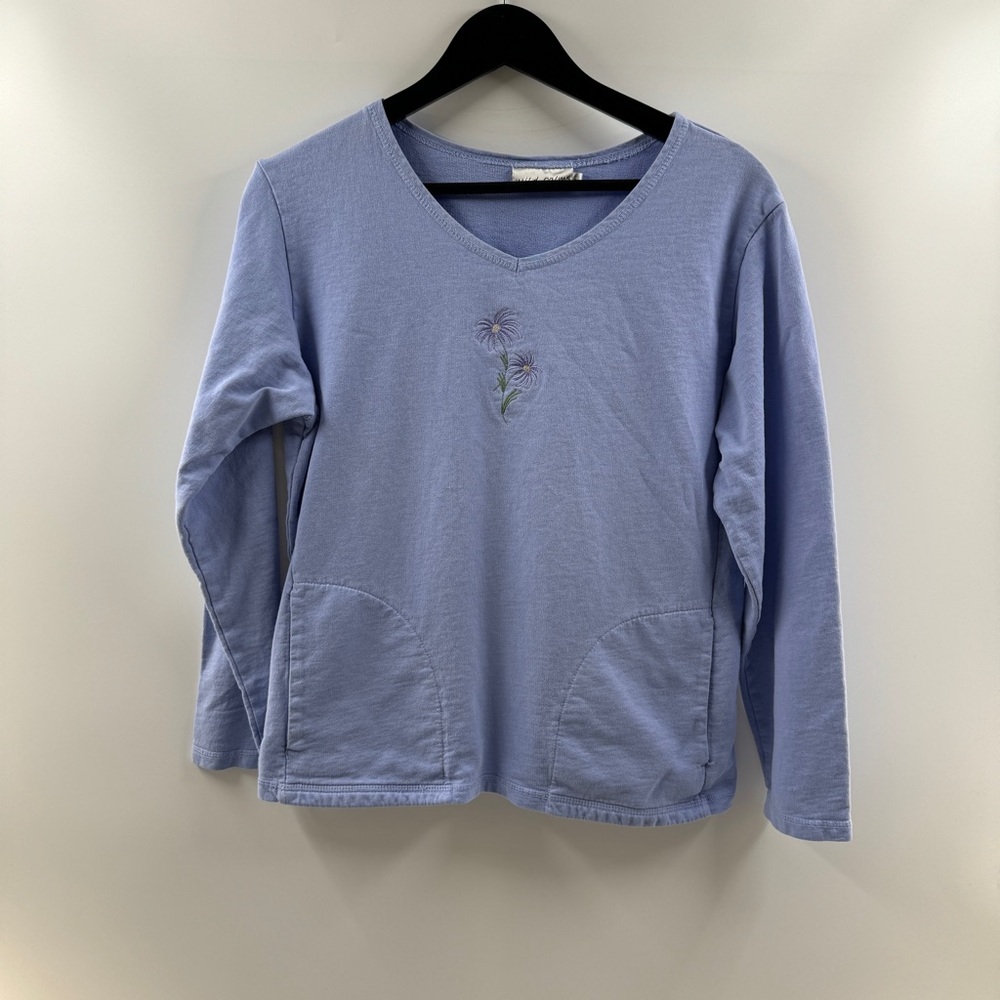 Wild Palms Blue Embroidered Floral V-Neck Long Sleeve Top Women’s Size Small